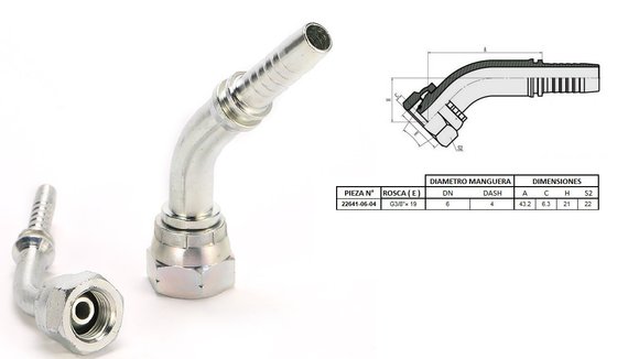 Imagen de HEMBRA CURVA 45° 3/8'' BSP X 19F 04 MANG.1/4''